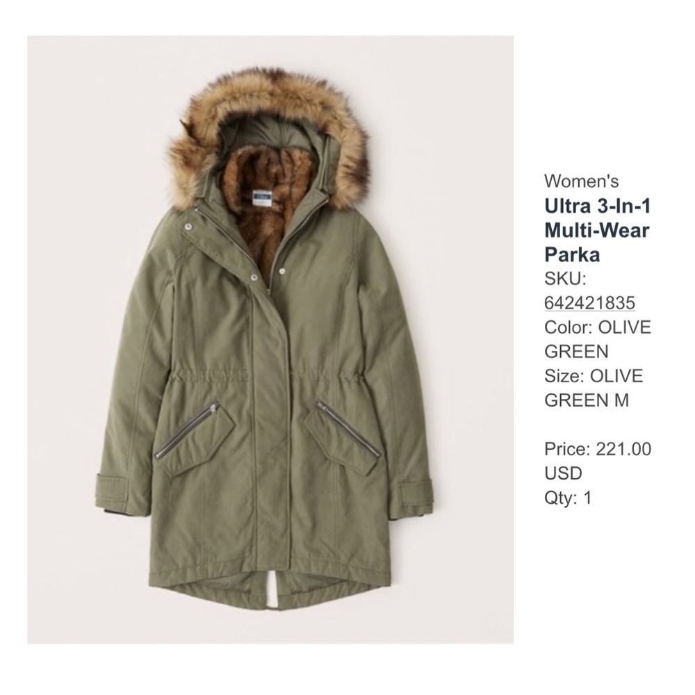 Olive Green 3 in 1 Parka. Abercrombie&Fitch. Nearly new, worn twice.